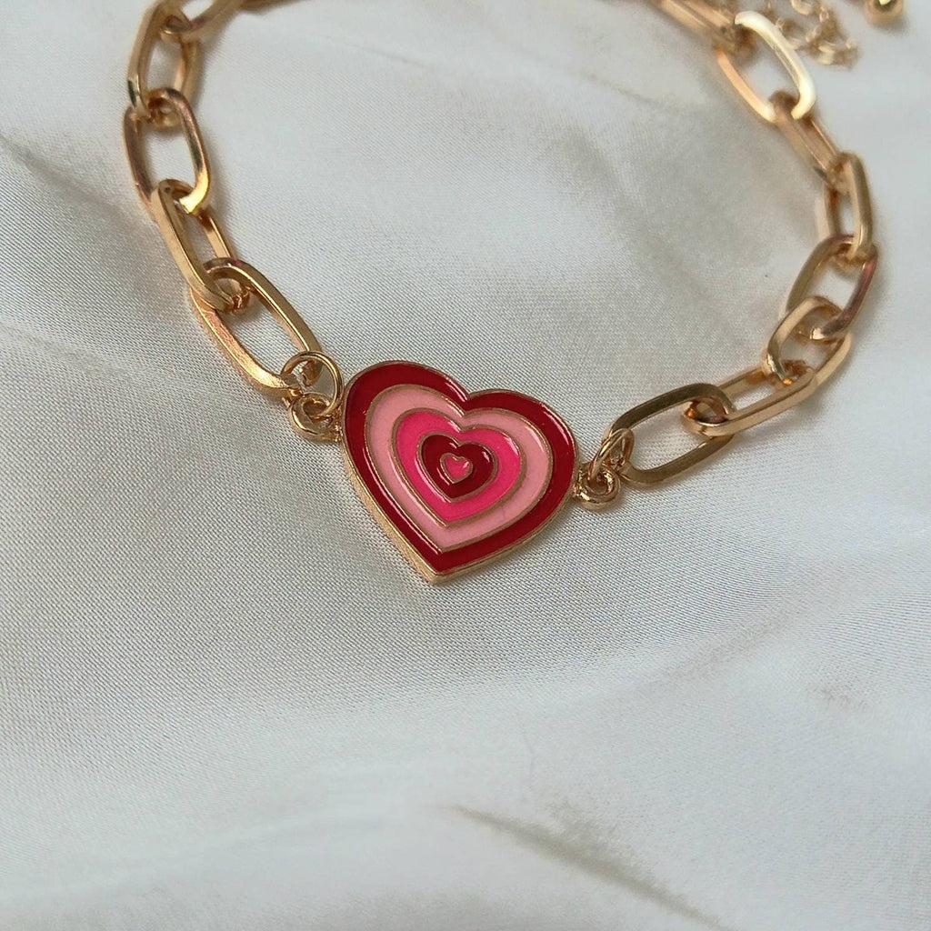 Pink & Gold Retro Heart Charm Bracelet