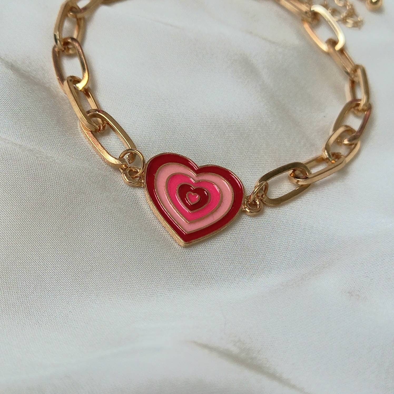 Pink & Gold Retro Heart Charm Bracelet