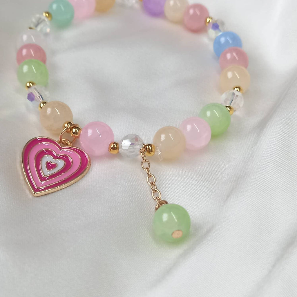 Pink Retro Heart Bead Charm Bracelet