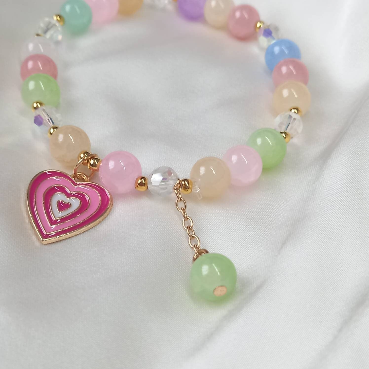 Pink Retro Heart Bead Charm Bracelet