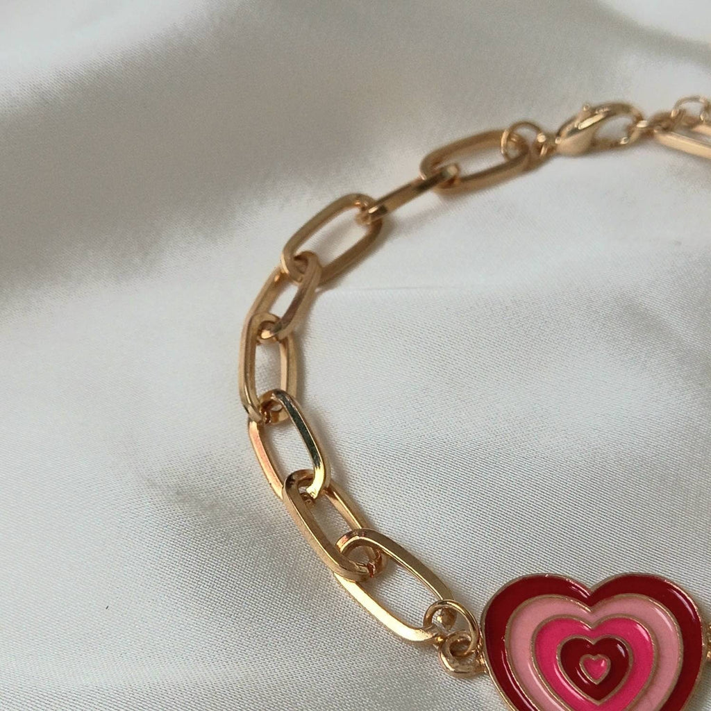 Pink & Gold Retro Heart Charm Bracelet