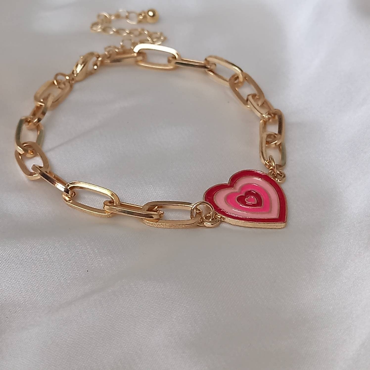 Pink & Gold Retro Heart Charm Bracelet