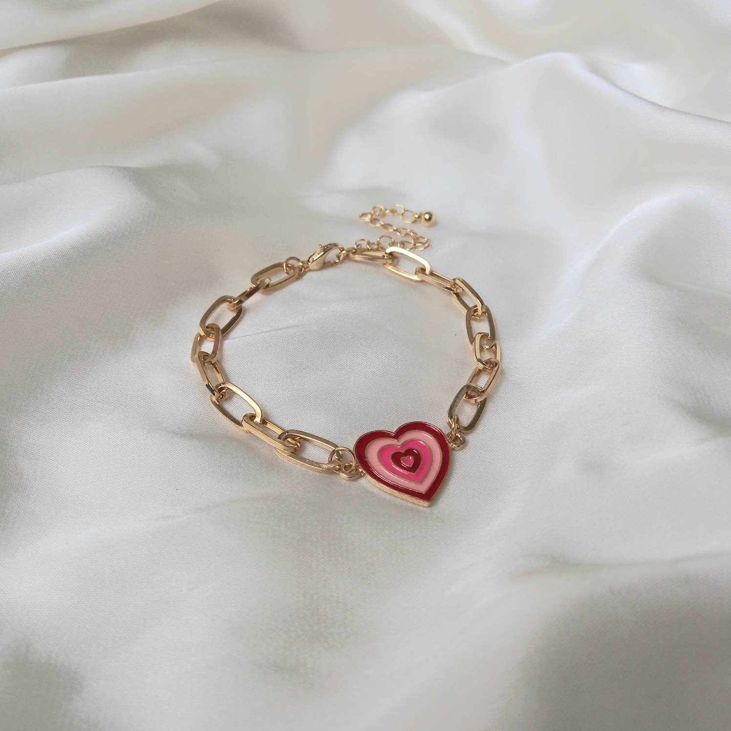 Pink & Gold Retro Heart Charm Bracelet