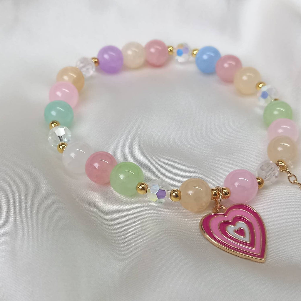 Pink Retro Heart Bead Charm Bracelet