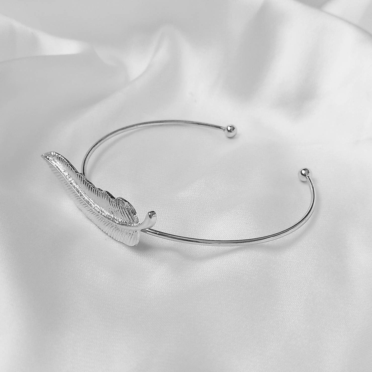 Silver Feather Bangle Bracelet